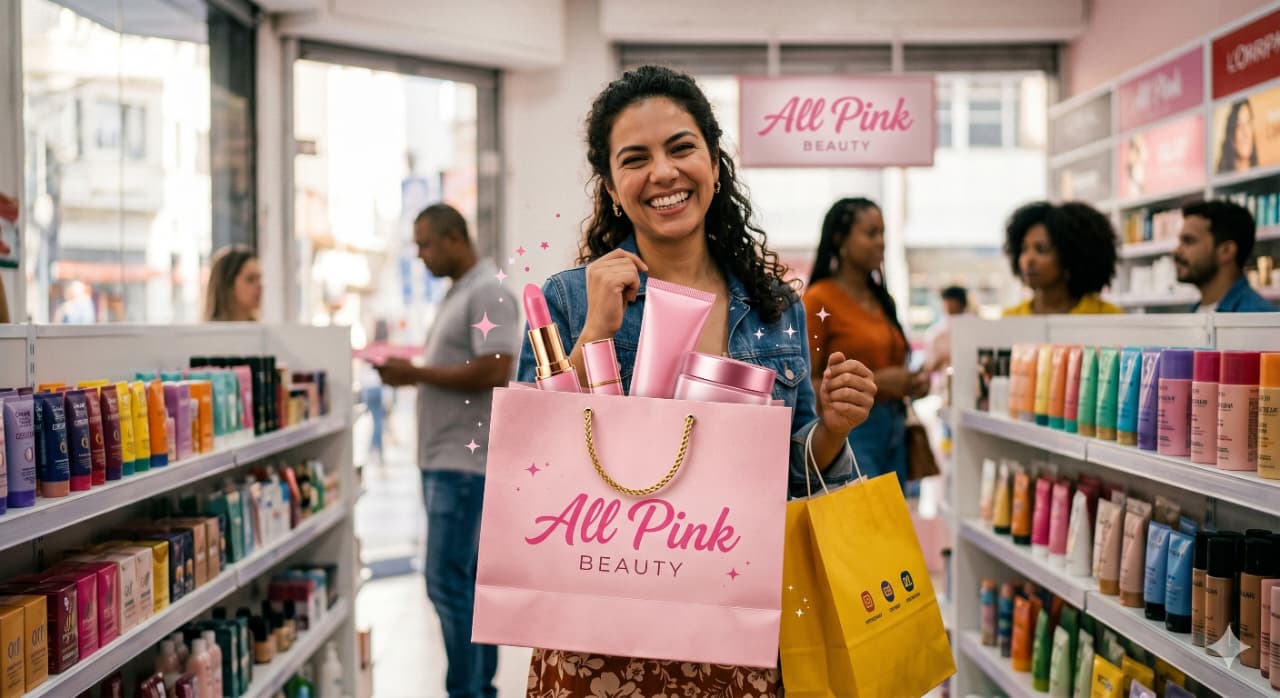 Interior da loja All Pink Beauty, com prateleiras de cosméticos